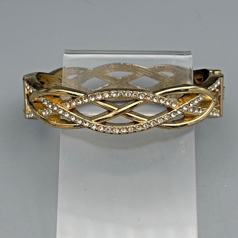 Vintage Anne Klein Hinged Bangle Bracelet Gold Tone Rhinestones Lattice Woven